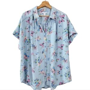 Intro Butterfly Garden Cottagecore Short Sleeve Chambray Blouse Top